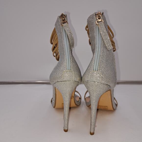Women 7.5 Silver Lamé Gold Stringy Ankle Strap Stilletto Heel Open Toe Sandals - Picture 5 of 8